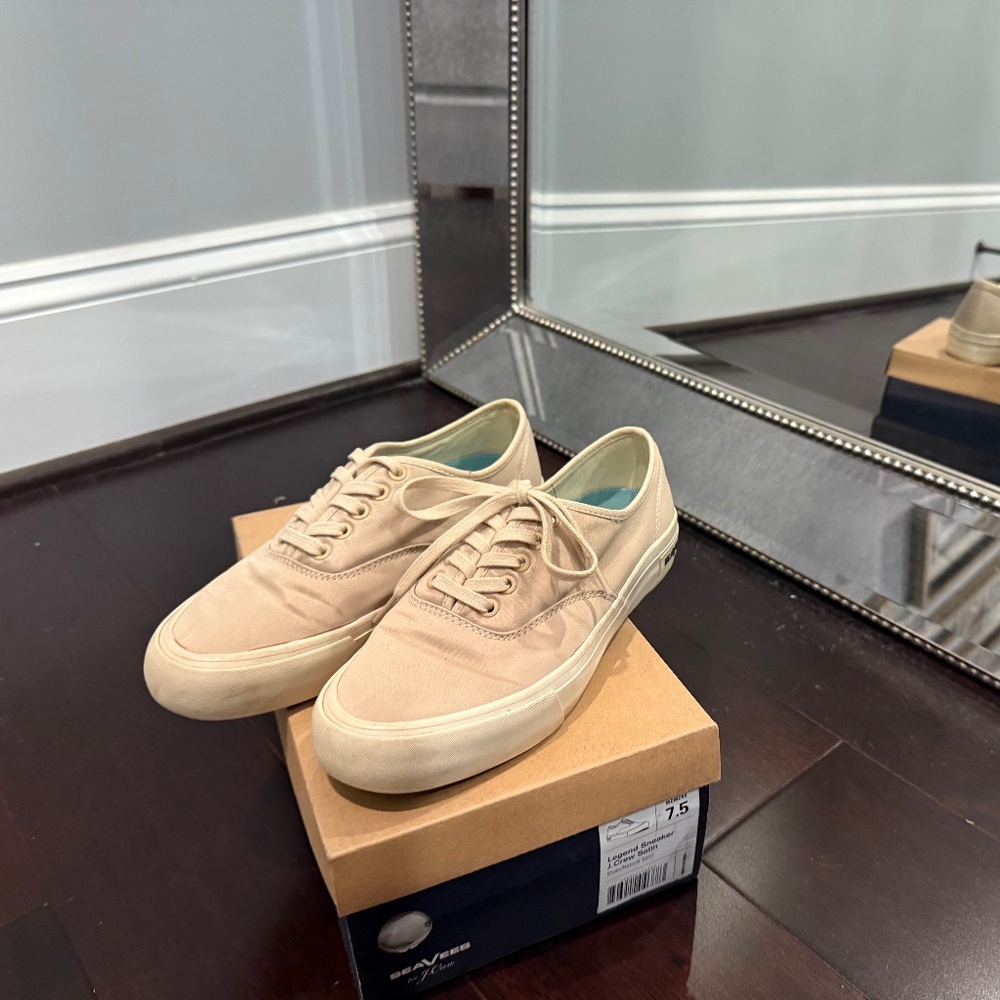 Khaki satin classic Legend style SeaVees sneaker JCrew collab